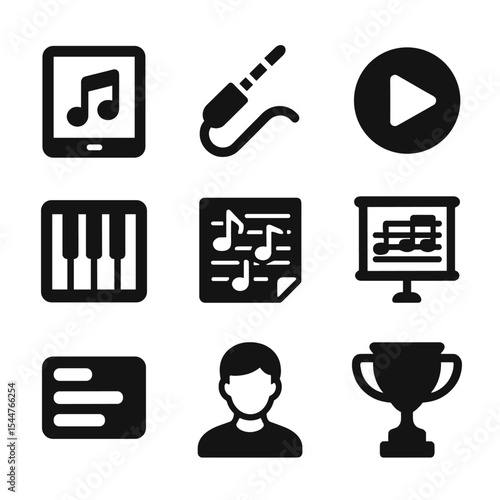 Digital Music App Icons. Solid, filled icons set of digital music learning apps: tablet screen, headphone jack