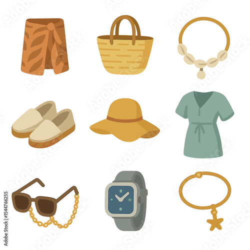 Beach Fashion Icons. Isometric Flat icon set of beach fashion accessories: patterned sarong, straw tote, shell necklace, anklet