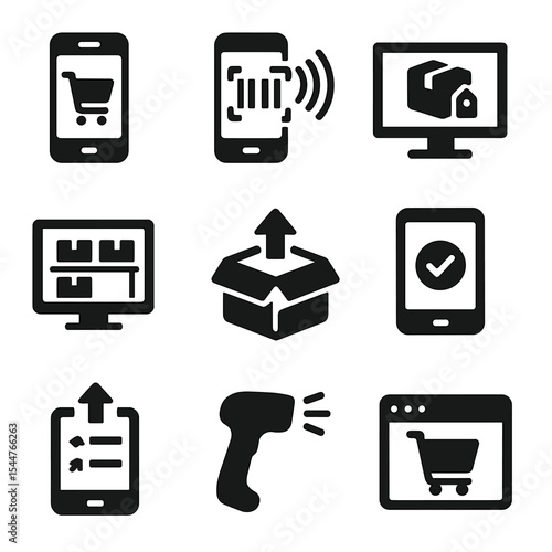 Digital Order Icons. Solid, filled icons set of digital order systems: order app, mobile scan, digital label,
