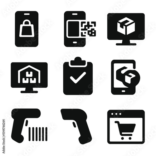Digital Order Icons. Solid, filled icons set of digital order systems: order app, mobile scan, digital label,