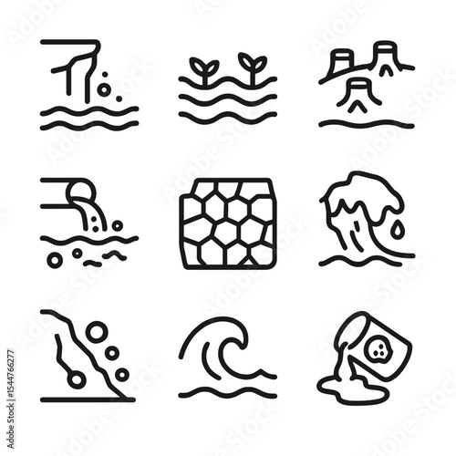 Environmental Vulnerability Icons. Outline icon set of environmental vulnerability: eroded cliff, flooded field, deforested hill,