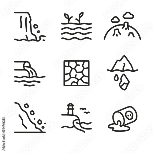 Environmental Vulnerability Icons. Outline icon set of environmental vulnerability: eroded cliff, flooded field, deforested hill,