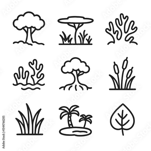 Environmental Zone Icons. Outline icon set of environmental zones: rainforest canopy, savanna grass, tundra lichen, coral reef,