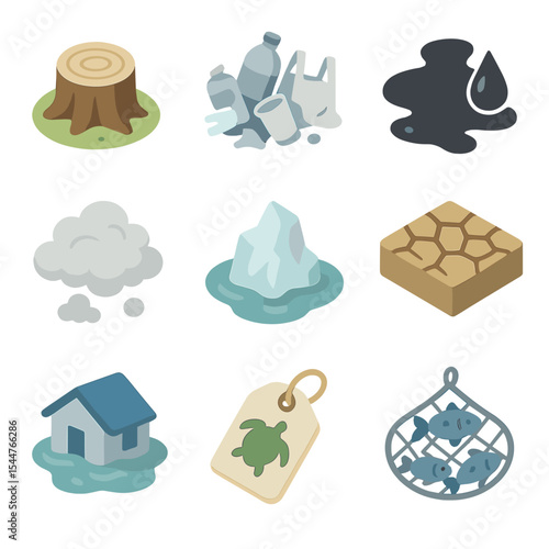 Environmental Threat Icons. Isometric Flat icon set of environmental threats: deforestation stump, plastic debris pile, oil spill