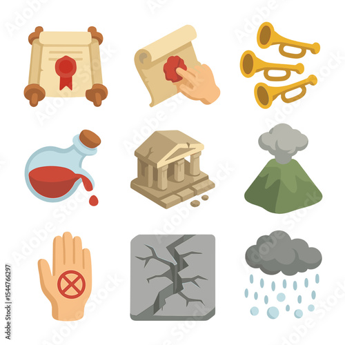 Eschatological Icon Grid. Isometric Flat icon set of Eschatological icons: prophecy scroll, seal breaking, trumpet series, wrath