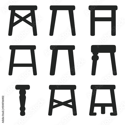 Dining Chair Leg Icons. Solid, filled icons set of dining chair legs: cross brace, gently tapered, solid wood