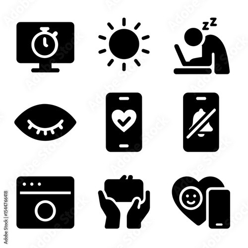 Digital Well-Being Icons. Solid, filled icons set of digital well-being in online learning: screen time