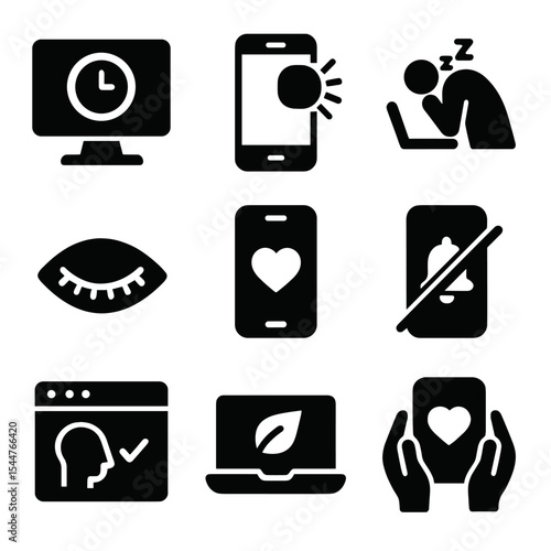 Digital Well-Being Icons. Solid, filled icons set of digital well-being in online learning: screen time