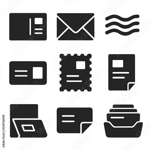 Direct Mail Icons. Solid, filled icons set of direct mail pieces: postcard icon, mailer icon, envelope wave,