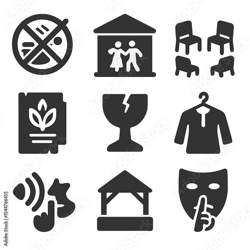 Disappearing Traditions Icons. Solid, filled icons set of disappearing traditions: no festival sign, closed