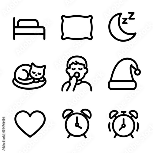 Bedtime Pet Cuddles Icons. Outline icon set of bedtime pet cuddles: bed, pillow, blanket, moon, sleeping pet, yawning human,
