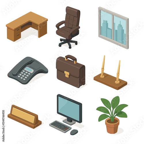 Executive Office Icons. Isometric Flat icon set of executive office environment: corner office desk, leather executive chair,