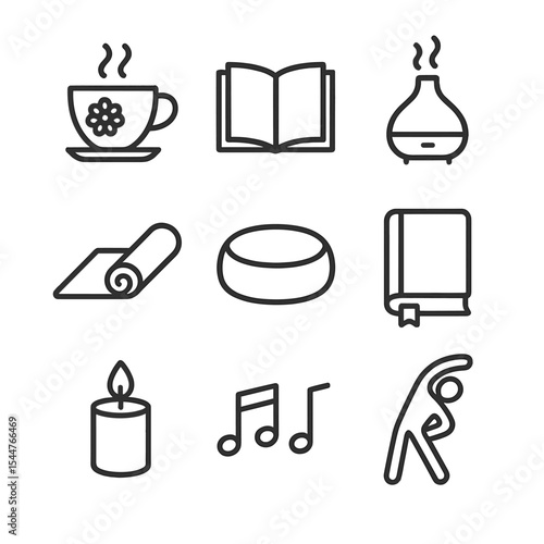 Bedtime Ritual Icons. Outline icon set of bedtime relaxation rituals: chamomile tea cup, book, diffuser, yoga mat, meditation