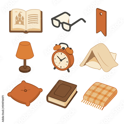 Bedtime Story Icons. Isometric Flat icon set of bedtime storytime props: open storybook, reading glasses, bookmark, lamp,