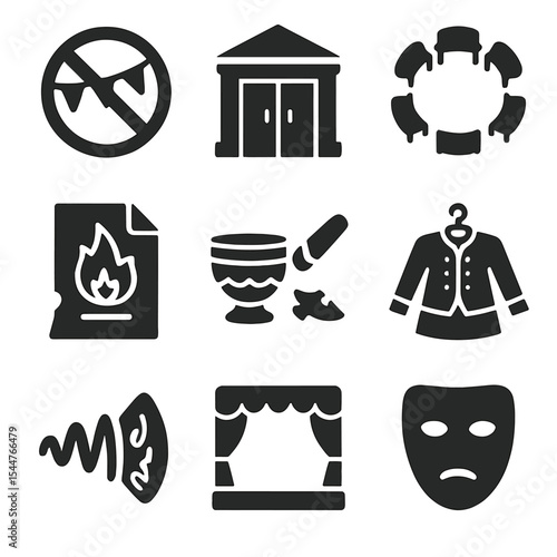 Disappearing Traditions Icons. Solid, filled icons set of disappearing traditions: no festival sign, closed