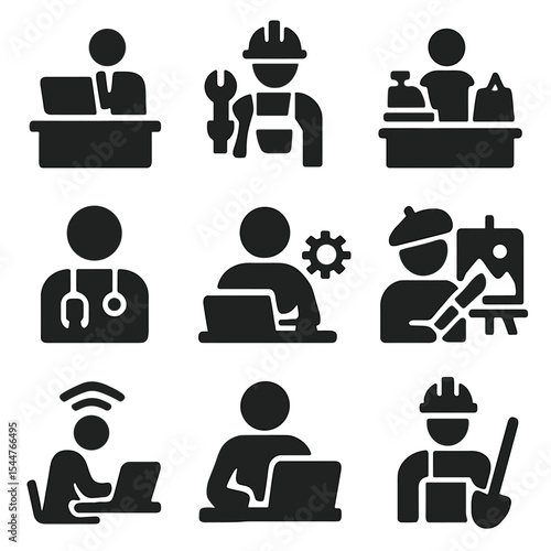 Diverse Job Icons. Solid, filled icons set of job types and categories: office job, skilled trade, retail work