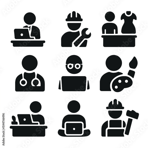 Diverse Job Icons. Solid, filled icons set of job types and categories: office job, skilled trade, retail work