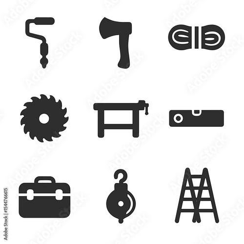 DIY Tool Icons. Solid, filled icons set of DIY infrastructure tools: hand drill, axe, rope coil, saw blade,