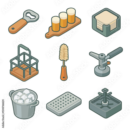 Beverage Tool Icons. Isometric Flat icon set of serving and tasting tools: bottle opener, tasting paddle board, coaster stack, jug