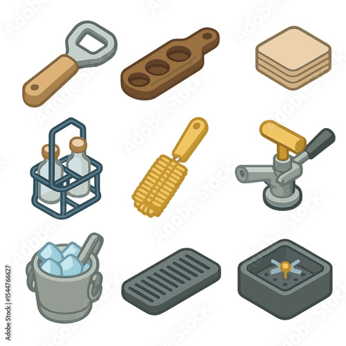 Beverage Tool Icons. Isometric Flat icon set of serving and tasting tools: bottle opener, tasting paddle board, coaster stack, jug