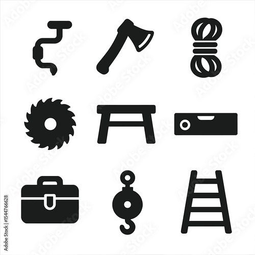 DIY Tool Icons. Solid, filled icons set of DIY infrastructure tools: hand drill, axe, rope coil, saw blade,