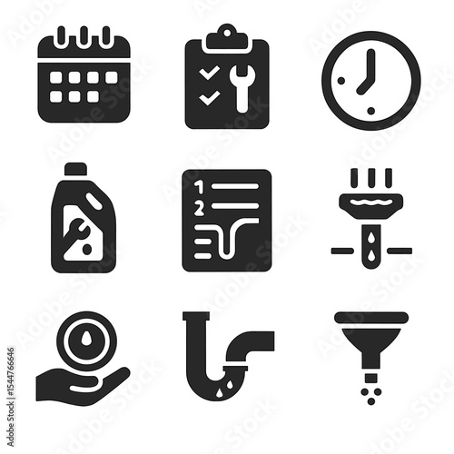 Drain Care Icons. Solid, filled icons set of drain care routines: weekly calendar, maintenance checklist,