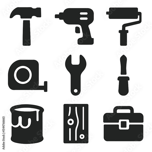 DIY Tools Icons. Solid, filled icons set of DIY projects for home improvement: hammer icon, drill icon, paint roller, tape measure, wrench icon, screwdriver icon, paint can, wooden plank, toolbox.
