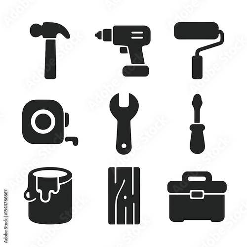 DIY Tools Icons. Solid, filled icons set of DIY projects for home improvement: hammer icon, drill icon, paint roller, tape measure, wrench icon, screwdriver icon, paint can, wooden plank, toolbox.