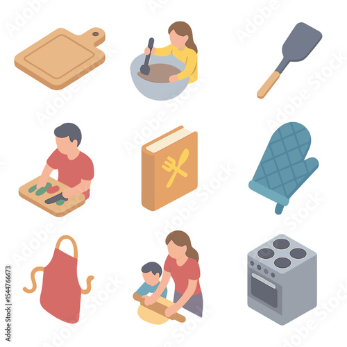 Family Cooking Icons. Isometric Flat icon set of family cooking together: cutting board, mixing bowl, spatula, recipe book,