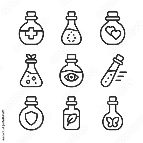 Fairy Potion Icons. Outline icon set of fairy potions and elixirs: healing potion, invisibility draught, love elixir, growth serum