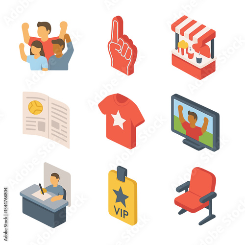 Fan Experience Icons. Isometric Flat icon set of fan and spectator experience: cheering crowd, foam finger, concession stand,