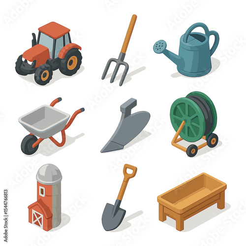 Farm Equipment Icons. Isometric Flat icon set of Farm Equipment and Tools: tractor, pitchfork, watering can, wheelbarrow, plow