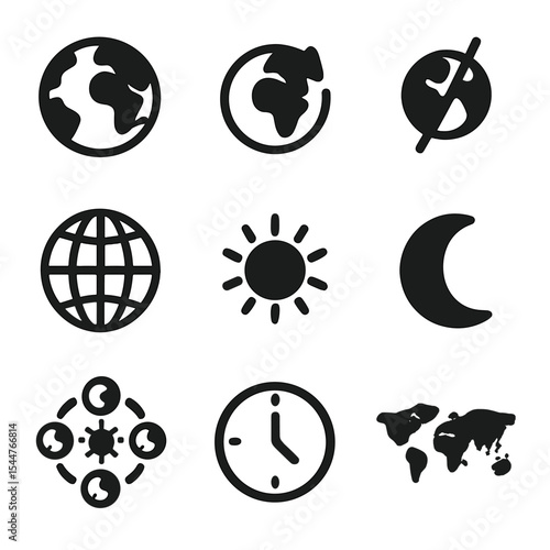 Earth Science Icons. Solid, filled icons set of Earth science basics: Earth icon, rotation icon, axis tilt,