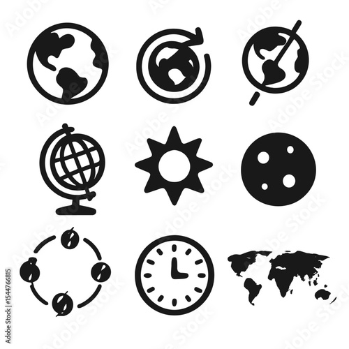 Earth Science Icons. Solid, filled icons set of Earth science basics: Earth icon, rotation icon, axis tilt,