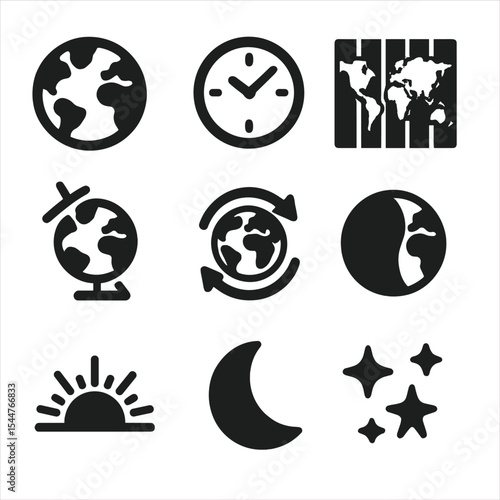 Earth Timezone Icons. Solid, filled icons set of Earth's time zones: Earth globe, clock icon, timezone map, axis tilt, rotation arrows, day and night, sunrise icon, moon icon, stars icon.