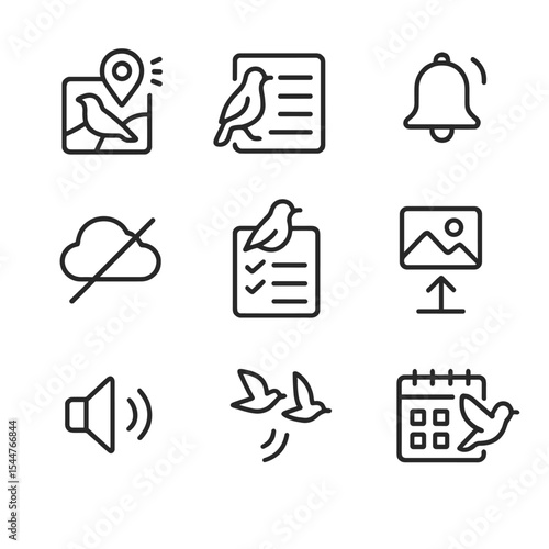 Birdwatching App Icon Set. Outline icon set of birdwatching app features: real-time map, species list, notification bell, offline