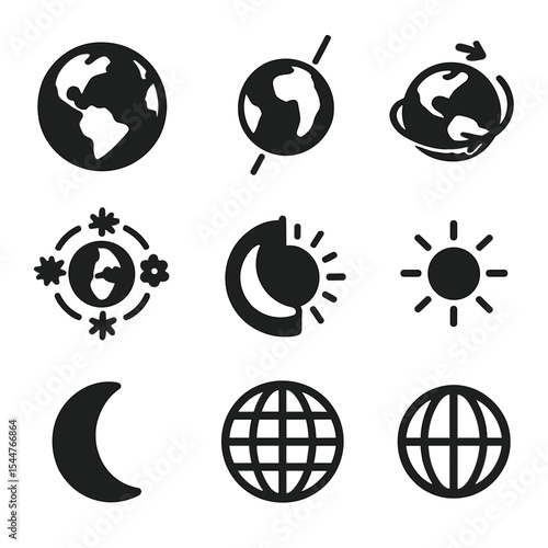 Earth's Axial Icons. Solid, filled icons set of Earth's axial tilt: Earth icon, axis tilt, rotation arrow,