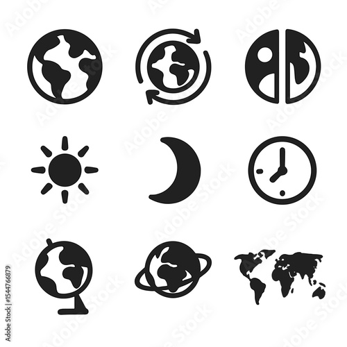 Earth's Rotation Icons. Solid, filled icons set of Earth's rotation: Earth globe, rotation arrows, day and night icon, sun icon, moon icon, time icon, axis tilt, orbit icon, world map.