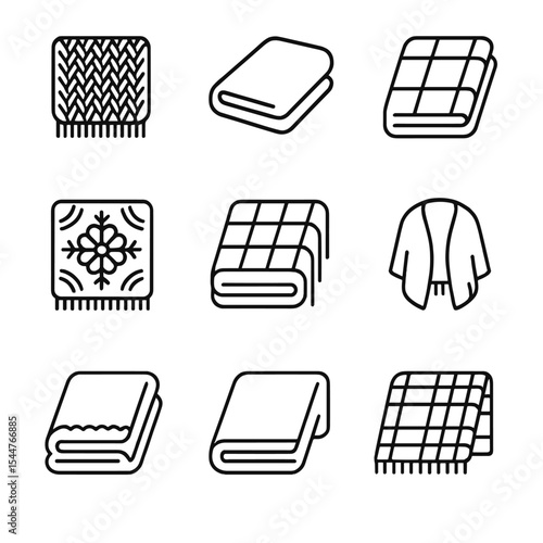 Blanket Types Icons. Outline icon set of blanket types: knitted throw, fleece blanket, quilt, tapestry blanket, weighted blanket,