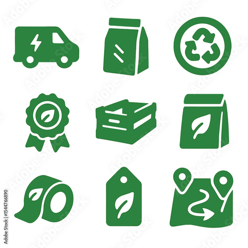 Eco Delivery Icons. Solid, filled icons set of green delivery solutions: electric van, paper packaging, recyclable filler, green delivery badge, reusable crate, compostable mailer, eco-friendly tape, 