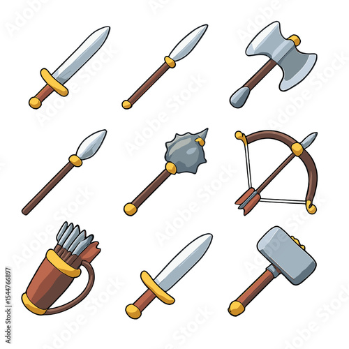Legendary Weapon Icons. Isometric Flat icon set of legendary weapons: sword, lance, axe, spear, mace, bow, arrow quiver, dagger,