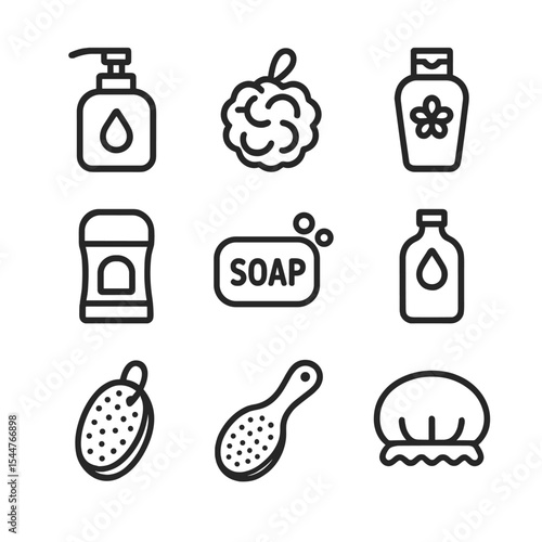 Body Care Icons. Outline icon set of body care and hygiene: body wash pump, loofah sponge, body lotion, deodorant stick, bar soap,