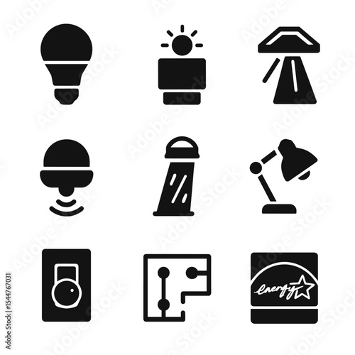 Eco Lighting Icons. Solid, filled icons set of eco-friendly lighting strategies: LED bulb, daylight sensor,