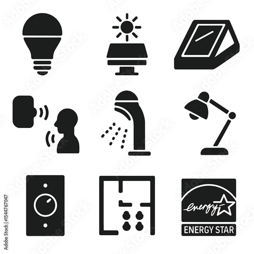 Eco Lighting Icons. Solid, filled icons set of eco-friendly lighting strategies: LED bulb, daylight sensor,