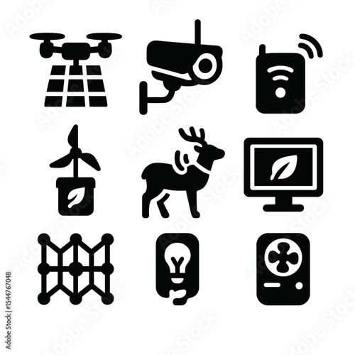 Eco Monitoring Icons. Solid, filled icons set of eco-friendly wildlife monitoring: solar drone, remote camera,