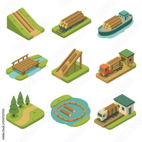 Logging Infrastructure Icons. Isometric Flat icon set of logging transport and infrastructure: skid road, logging railway, logging