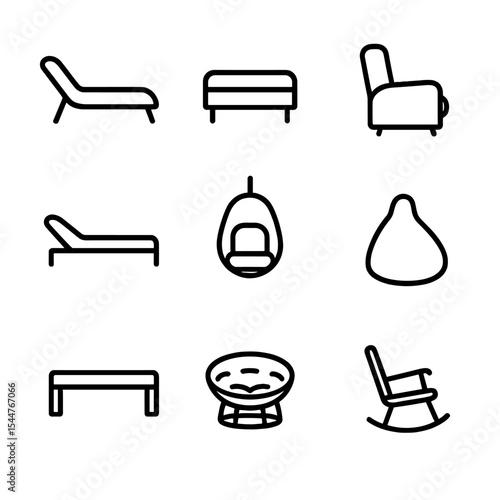 Lounge Seating Icons. Outline icon set of lounge seating types: chaise lounge, ottoman, recliner, daybed, hanging chair, bean bag,