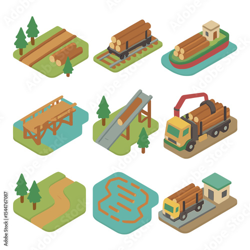 Logging Infrastructure Icons. Isometric Flat icon set of logging transport and infrastructure: skid road, logging railway, logging