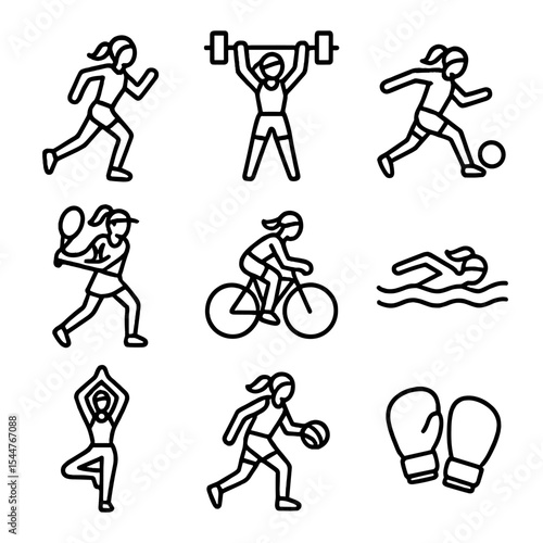 Female Athletes Icon Set. Outline icon set of female athletes: running woman, weightlifting, soccer kick, tennis swing, cycling,
