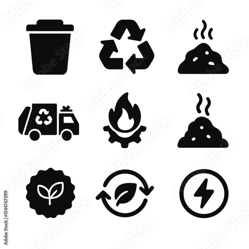 Eco Waste Management Icons. Solid, filled icons set of sustainable waste management: green bin, recycling